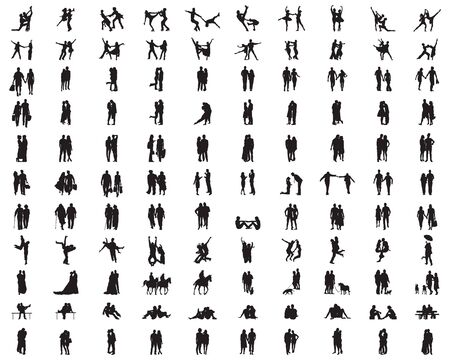 Black silhouettes of couples in a different situations on a white backgroundのイラスト素材
