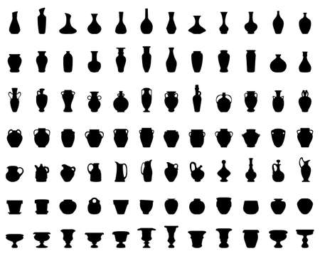 Black silhouettes of pottery, jars, bowls and vases on a white backgroundのイラスト素材