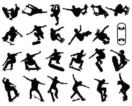 Black silhouettes of skate jumpers on a white backgroundのイラスト素材