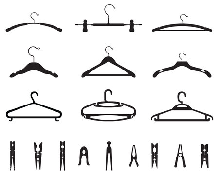 Set of different hangers and clothespins on a white backgroundのイラスト素材