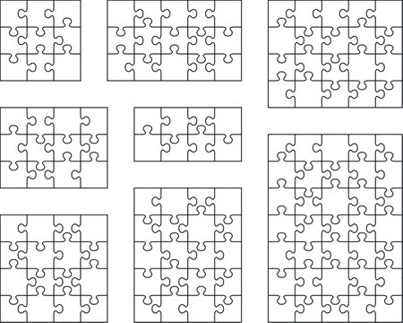 Illustration of eight different white puzzles, separate piecesのイラスト素材
