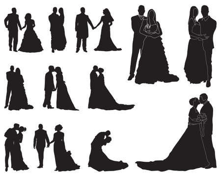 Black silhouettes of newlyweds on white backgroundのイラスト素材