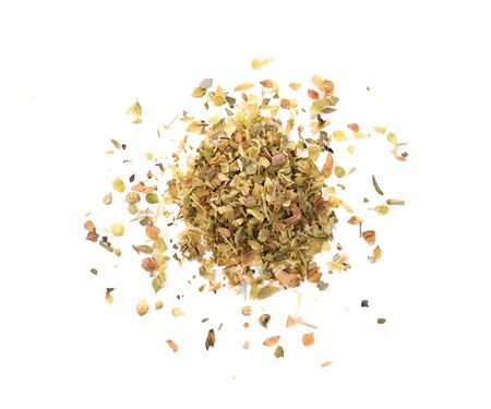 Pile of dried oregano leaves isolated on white backgroundの写真素材
