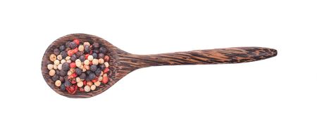 Mixed Red, Black and White Peppercorn in Wooden Spoon on white background.の写真素材