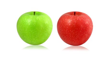 Green and red apple on white backgroundの写真素材