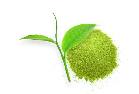 powder green tea and green tea leaf on white backgroundの写真素材