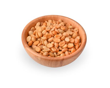 Coffee Beans in wooden bowl on white background.の写真素材