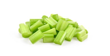 heap of sliced celery on white background.の写真素材