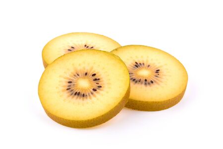 slice gold kiwi isolated on white background.の写真素材