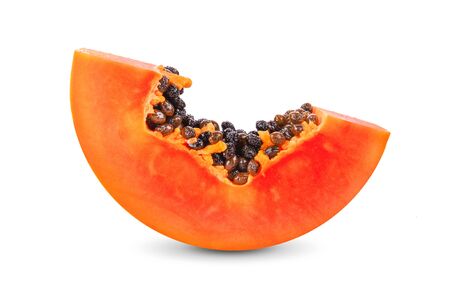 half of ripe papaya fruit with seeds isolated on white background.の写真素材