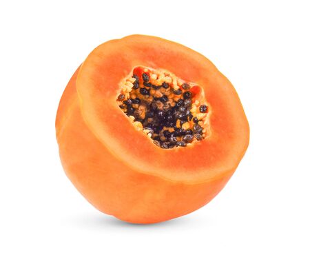 half of ripe papaya fruit with seeds isolated on white background.の写真素材