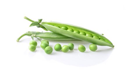 Fresh green pea pod with beans isolated on white background.の写真素材