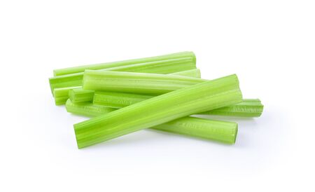 heap of sliced celery on white background.の写真素材
