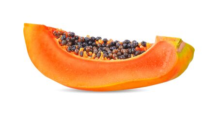 half of ripe papaya fruit with seeds isolated on white background.の写真素材