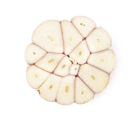Garlic cut sliced insides isolated on white background.の写真素材