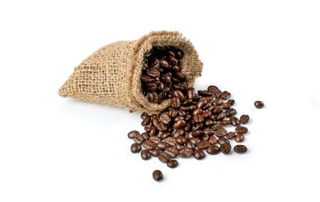 coffee beans in bag isolated on white background.の写真素材