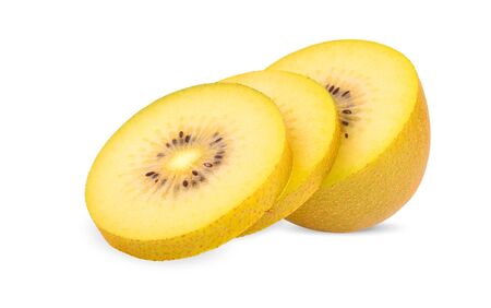 slice gold kiwi isolated on white background.の写真素材