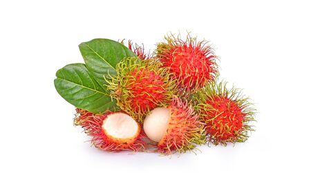 rambutan sweet delicious fruit with leaf isolated on white background.の写真素材