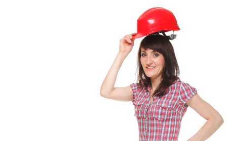 Female construction worker holding red helmet, isolated on white
