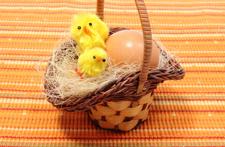 Closeup of Easter chickens in wicker basket and fresh Easter egg, Easter decoration, chicken or the...