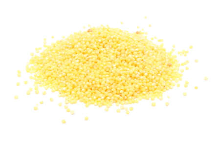 Heap of yellow millet groats, heap of yellow groats  Isolated on white backgroundの写真素材