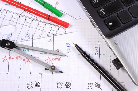 Electrical diagrams, accessories for drawing and laptop, drawings and accessories for the projects...