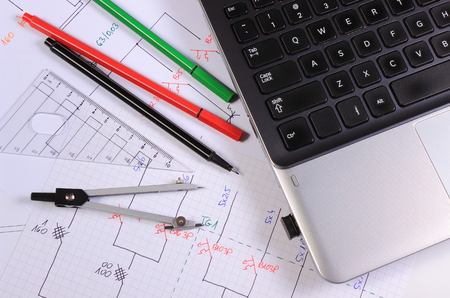 Electrical diagrams, accessories for drawing and laptop, drawings and accessories for the projects...