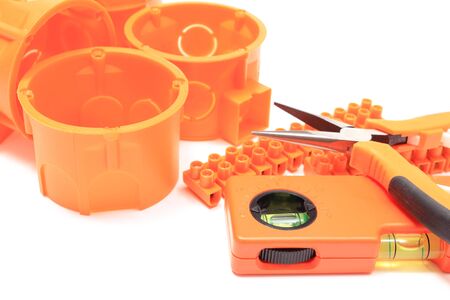 Electrical boxes and components for use in electrical installations, accessories for engineering jobs, spirit level, pliers, connectorの写真素材