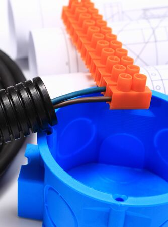 Components for use in electrical installations and rolls of electrical diagrams, accessories for engineering work, energy conceptの写真素材