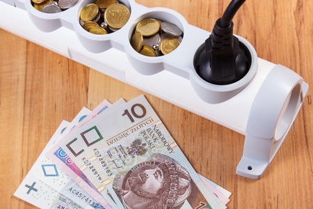 Electrical power strip with connected plug and polish currency money on wooden floor, power board, concept of saving money on electricityの写真素材