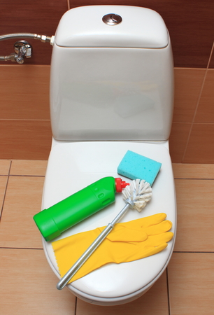Accessories for cleaning toilet bowl, concept for house cleaning and household dutiesの写真素材