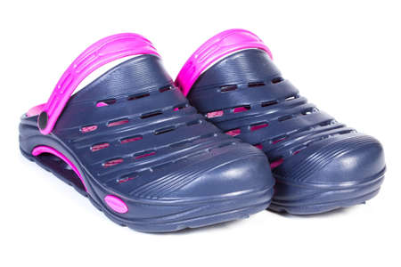 Pair of blue and purple comfortable rubber slippers, for use at work and on vacation