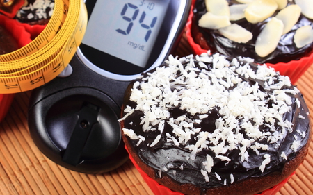 Glucose meter, homemade delicious fresh baked chocolate muffins in red silicone cups and tape measure, concept for diabetes, slimming and dessertの写真素材