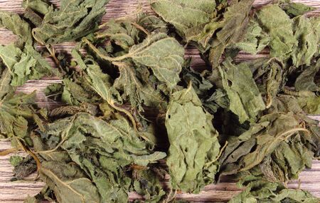 Heap of healthy dried nettle on wooden table, concept for healthy nutrition and herbalism