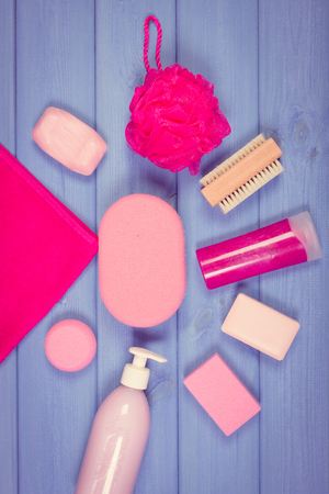 Vintage photo, Cosmetics and accessories for personal hygiene in bathroom, soap, body scrub, sponge, bath puff, brush, pumice, concept of body careの写真素材