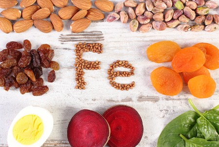 Inscription Fe, products and ingredients containing iron and dietary fiber, natural sources of ferrum, healthy lifestyle and nutritionの写真素材