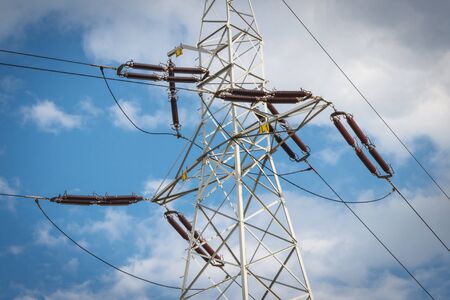 High voltage electric pole with wires, line of electricity transmissions, technologyの写真素材