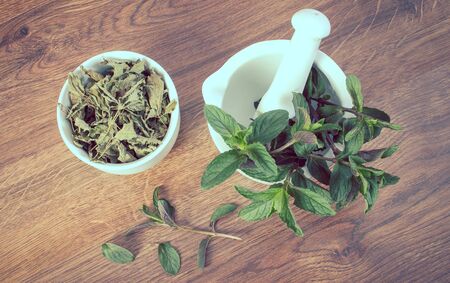 Vintage photo, Bunch of natural green and dried mint with white glass mortar on rustic board, healthy lifestyle and nutritionの写真素材