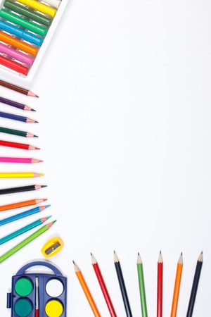 School and office accessories on white background, back to school concept, copy space for text or inscriptionの写真素材