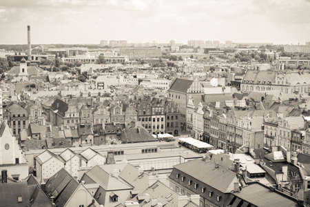 Poznan, Poland - June 28, 2016: Black and white photo, View from tower on city market, old and modern buildings in center of polish town Poznanのeditorial素材