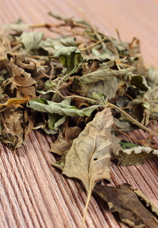 Heap of healthy dried lemon balm on wooden board, sedative herbs, concept for healthy nutrition and herbalismの写真素材