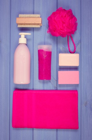 Vintage photo, Cosmetics and accessories for personal hygiene in bathroom, soap, body scrub, towel, bath puff, brush, pumice, concept of body careの写真素材