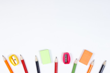 School and office accessories on white background, copy space for text or inscription, back to...