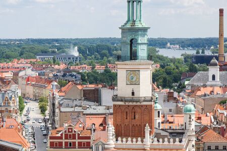 Poznan, Poland - June 28, 2016: View from tower on town hall, old and modern buildings in center of...