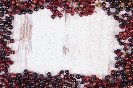 Frame of autumn fresh elderberry and copy space for text on old rustic wooden background, healthy nutrition, alternative medicine and therapyの写真素材
