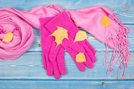 Pink woolen gloves and shawl for woman on old boards, warm clothing for autumn or winter, womanly accessoriesの写真素材