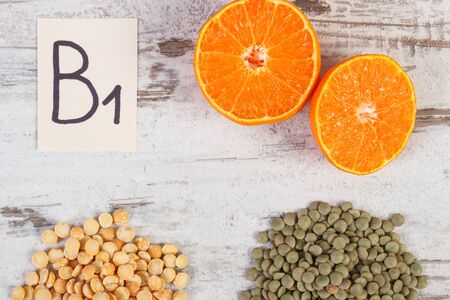 Ingredients or products containing vitamin B1 and dietary fiber, natural sources of minerals, healthy lifestyle and nutritionの写真素材