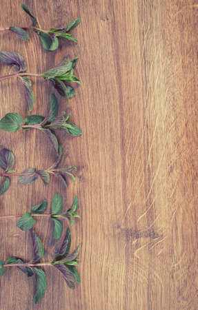 Vintage photo, Fresh green mint leaves on rustic board, healthy lifestyle and nutrition, copy space for text or inscriptionの写真素材