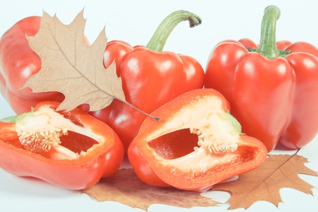 Vintage photo, Red ripe peppers with autumnal leaf lying on white background, concept of autumn and...
