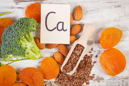 Ingredients or products containing calcium and dietary fiber, natural sources of minerals, healthy lifestyle and nutrition conceptの写真素材